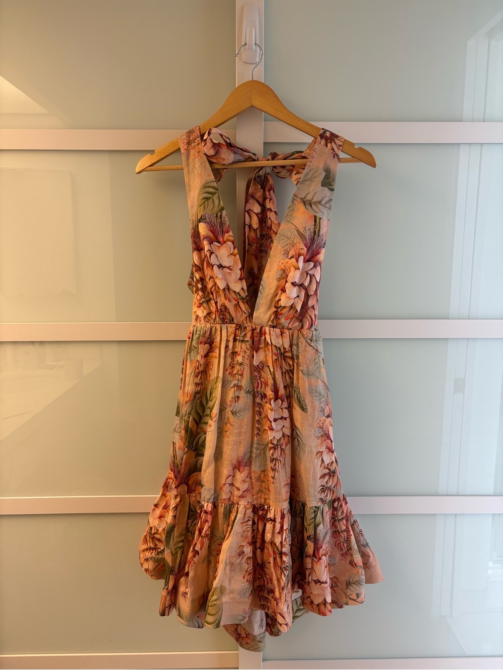 Zimmermann Peach Floral Deep-V Tiered Mini Dress